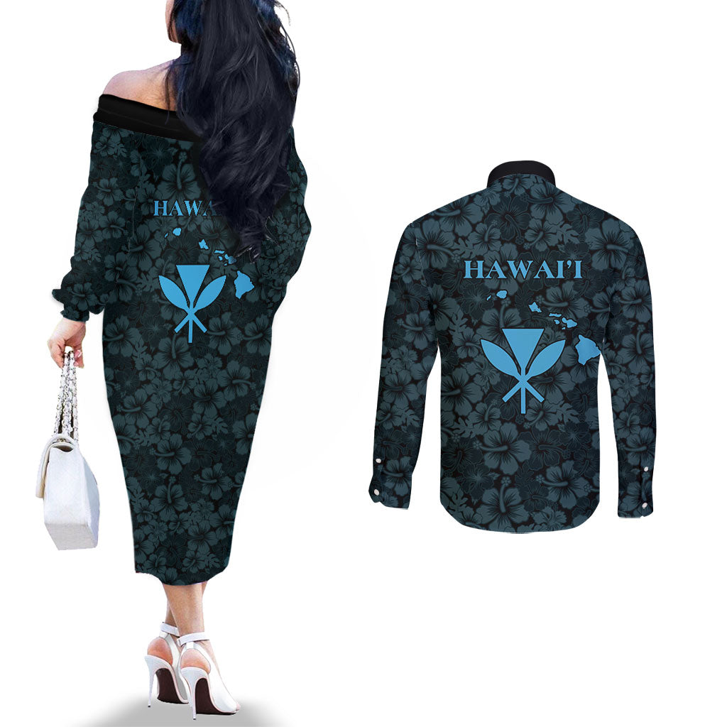 Hawaii Lei Kamehameha Couples Matching Off The Shoulder Long Sleeve Dress and Long Sleeve Button Shirt Uliuli Seamless Pattern Hibiscus Flower