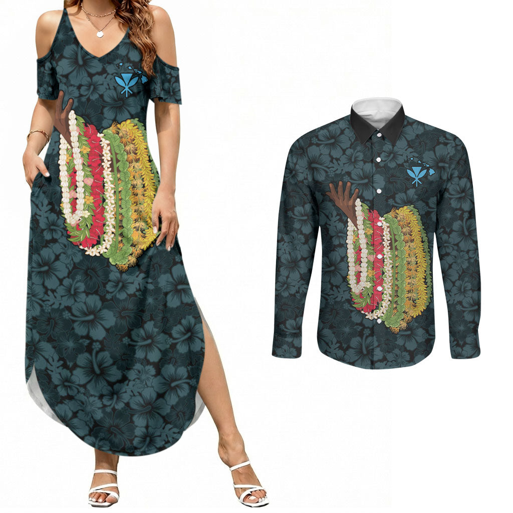 Hawaii Lei Kamehameha Couples Matching Summer Maxi Dress and Long Sleeve Button Shirt Uliuli Seamless Pattern Hibiscus Flower LT9 Blue - Polynesian Pride