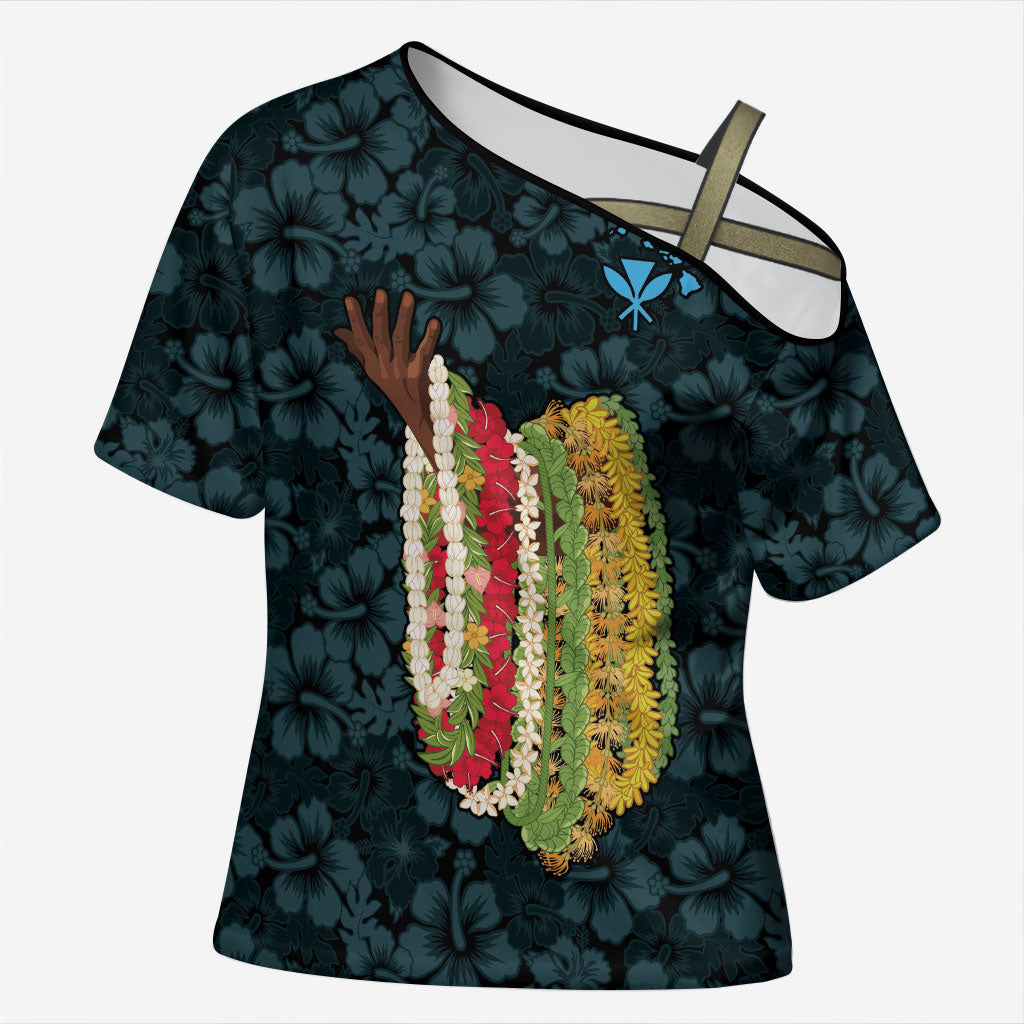 Hawaii Lei Kamehameha Cross Shoulder Shirt Uliuli Seamless Pattern Hibiscus Flower LT9 Female Blue - Polynesian Pride