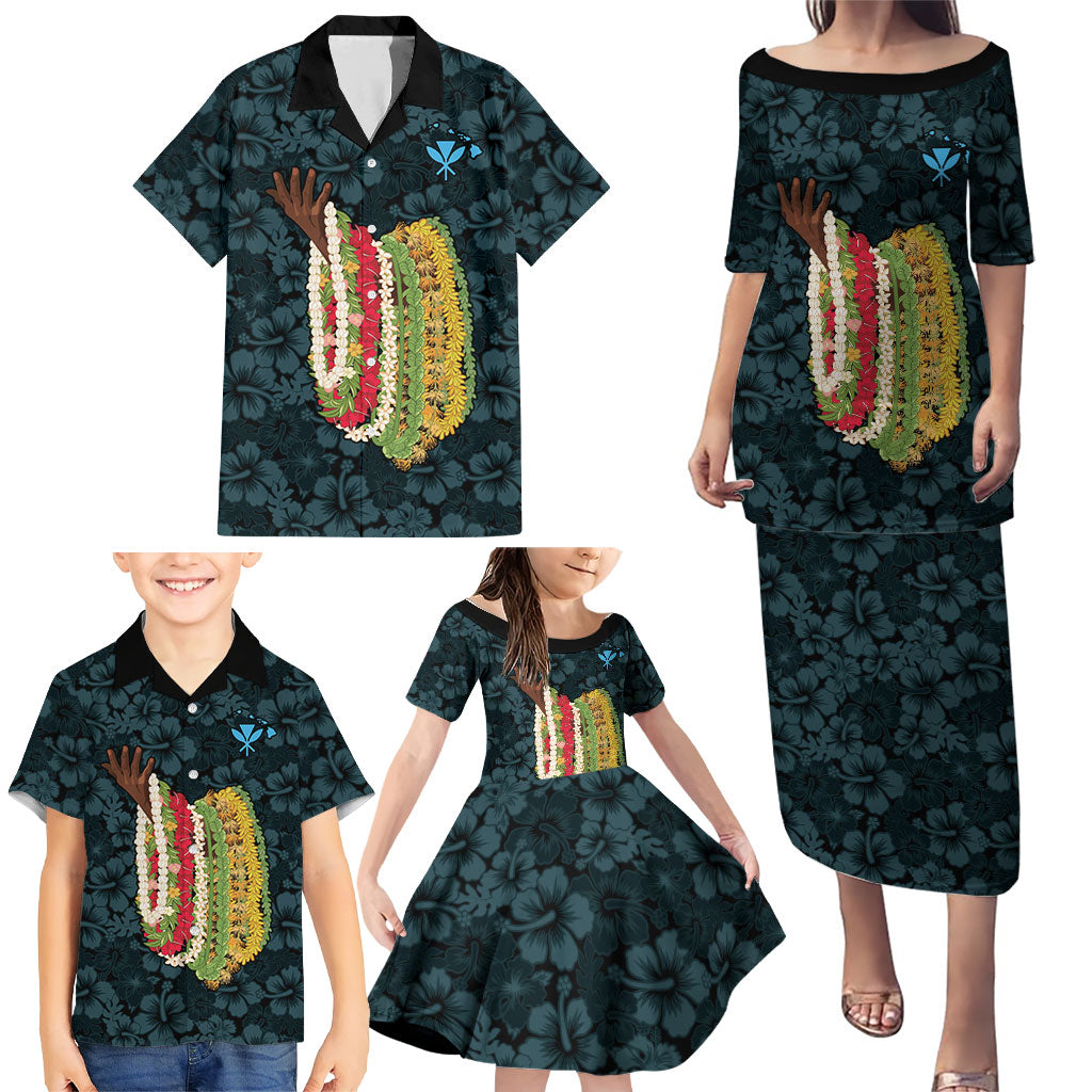 Hawaii Lei Kamehameha Family Matching Puletasi and Hawaiian Shirt Uliuli Seamless Pattern Hibiscus Flower