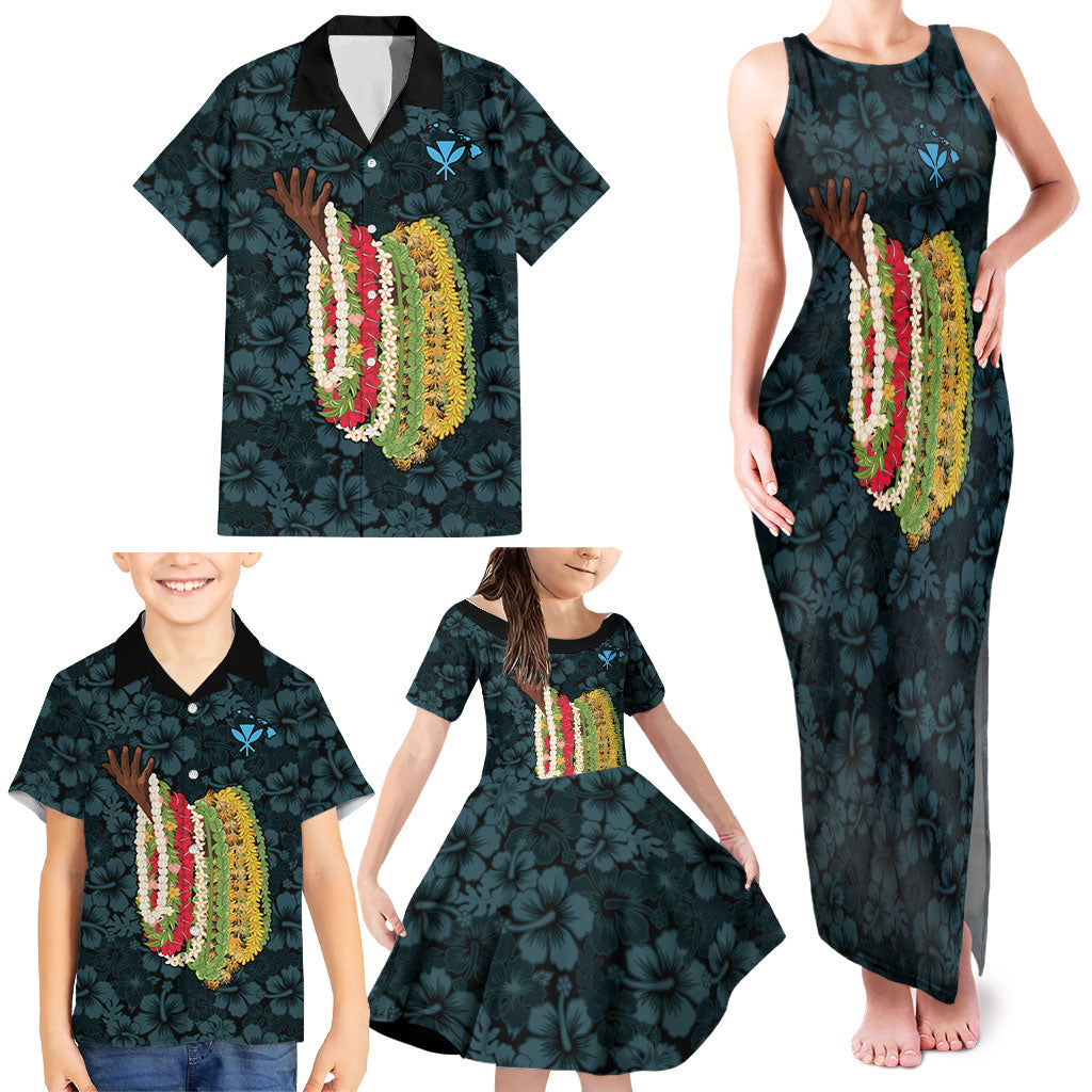 Hawaii Lei Kamehameha Family Matching Tank Maxi Dress and Hawaiian Shirt Uliuli Seamless Pattern Hibiscus Flower