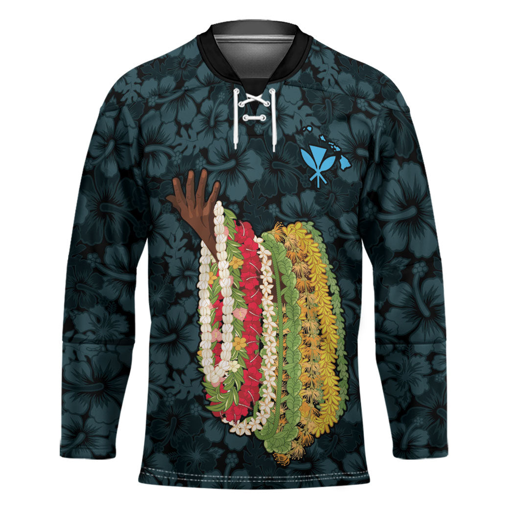 Hawaii Lei Kamehameha Hockey Jersey Uliuli Seamless Pattern Hibiscus Flower LT9 Unisex Blue - Polynesian Pride