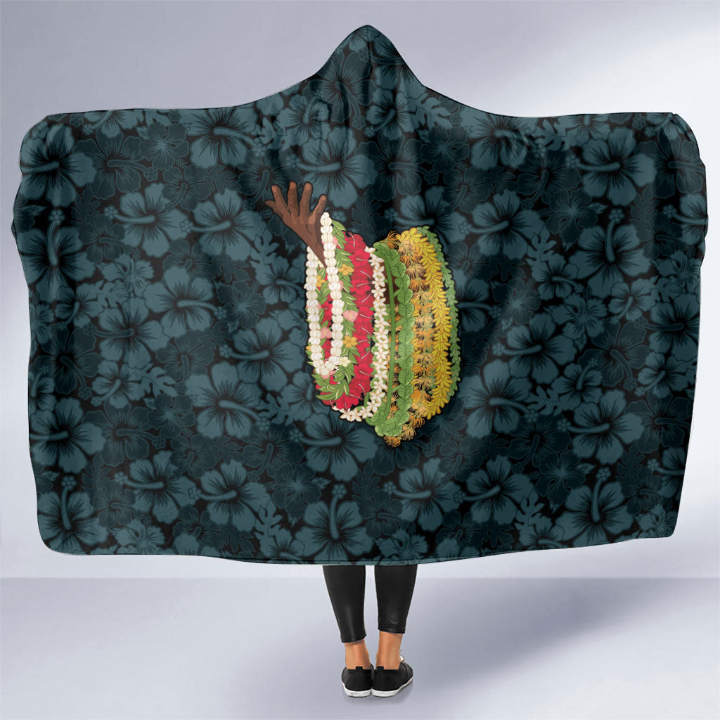 Hawaii Lei Kamehameha Hooded Blanket Uliuli Seamless Pattern Hibiscus Flower LT9 One Size Blue - Polynesian Pride