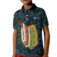 Hawaii Lei Kamehameha Kid Polo Shirt Uliuli Seamless Pattern Hibiscus Flower LT9 Kid Blue - Polynesian Pride