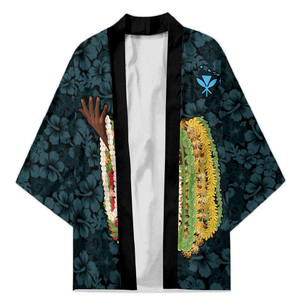 Hawaii Lei Kamehameha Kimono Uliuli Seamless Pattern Hibiscus Flower LT9 Unisex Blue - Polynesian Pride