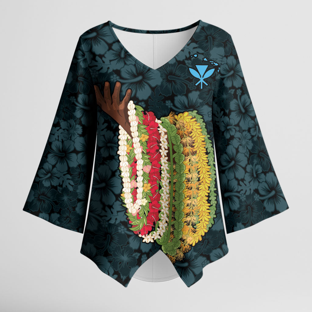 Hawaii Lei Kamehameha Kimono Sleeve Blouse Uliuli Seamless Pattern Hibiscus Flower LT9 Female Blue - Polynesian Pride
