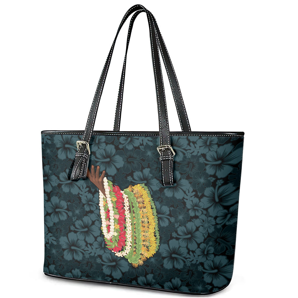 Hawaii Lei Kamehameha Leather Tote Bag Uliuli Seamless Pattern Hibiscus Flower