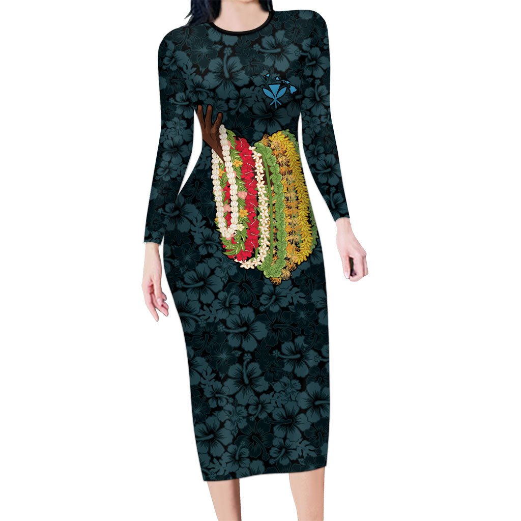 Hawaii Lei Kamehameha Long Sleeve Bodycon Dress Uliuli Seamless Pattern Hibiscus Flower LT9 Long Dress Blue - Polynesian Pride