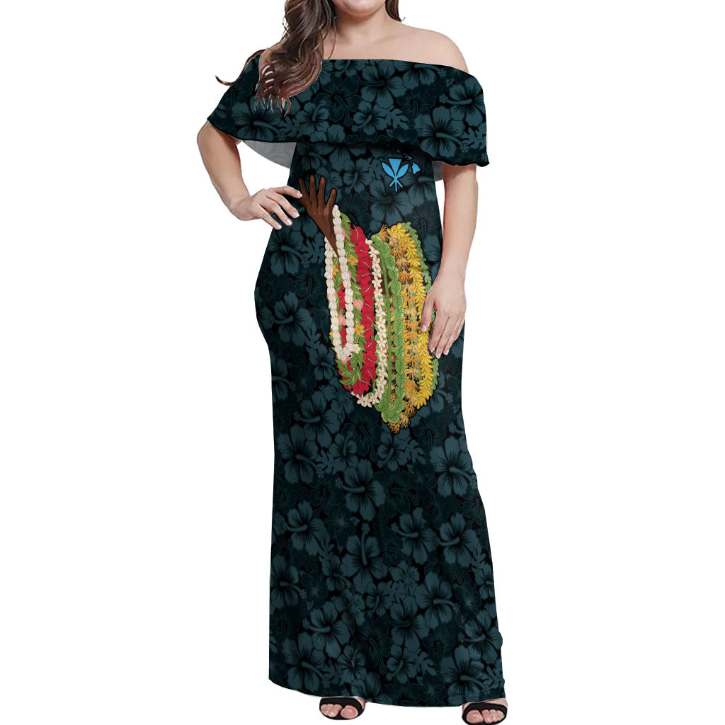 Hawaii Lei Kamehameha Off Shoulder Maxi Dress Uliuli Seamless Pattern Hibiscus Flower LT9 Women Blue - Polynesian Pride