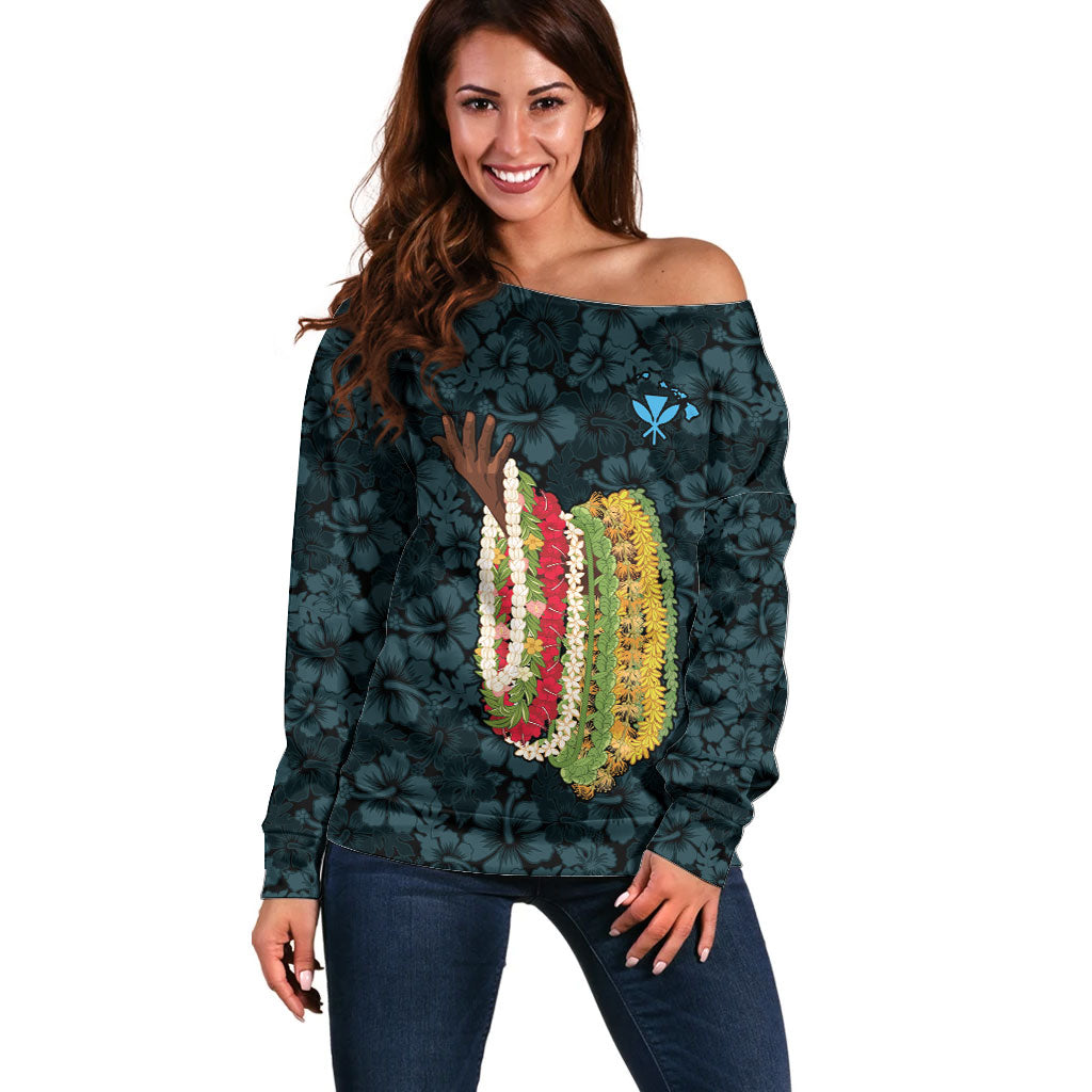 Hawaii Lei Kamehameha Off Shoulder Sweater Uliuli Seamless Pattern Hibiscus Flower LT9 Women Blue - Polynesian Pride
