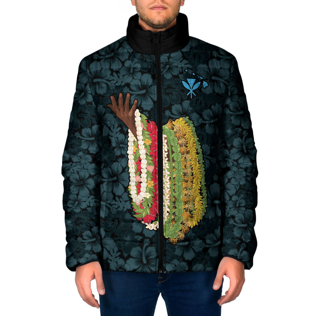 Hawaii Lei Kamehameha Padded Jacket Uliuli Seamless Pattern Hibiscus Flower LT9 Men Blue - Polynesian Pride