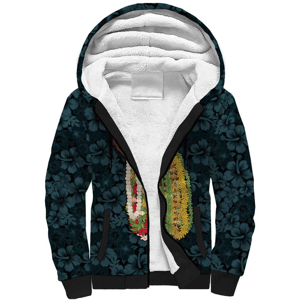 Hawaii Lei Kamehameha Sherpa Hoodie Uliuli Seamless Pattern Hibiscus Flower LT9 Unisex Blue - Polynesian Pride