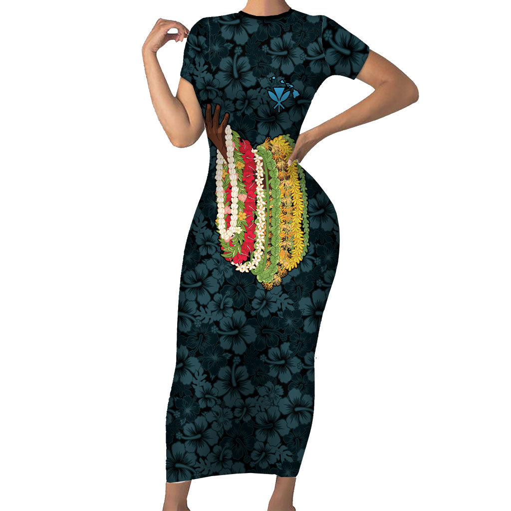 Hawaii Lei Kamehameha Short Sleeve Bodycon Dress Uliuli Seamless Pattern Hibiscus Flower LT9 Long Dress Blue - Polynesian Pride