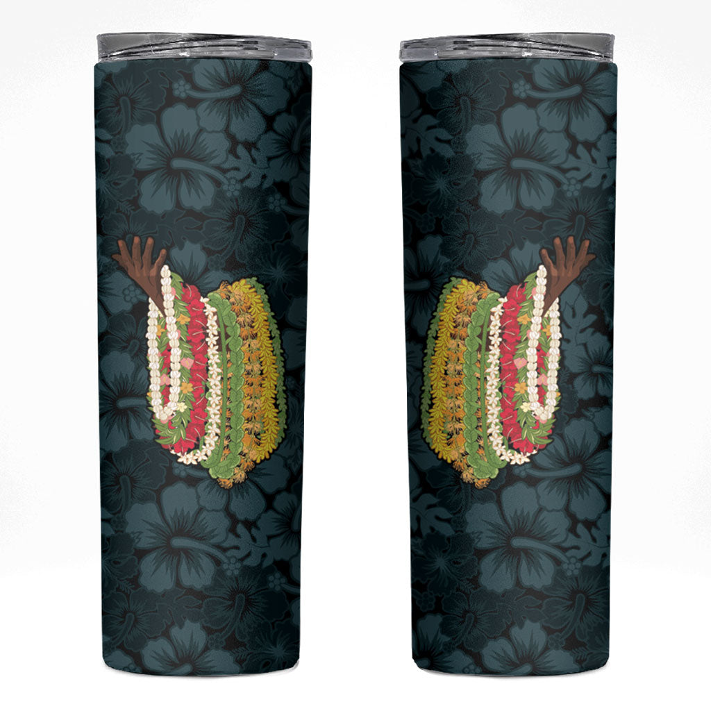 Hawaii Lei Kamehameha Skinny Tumbler Uliuli Seamless Pattern Hibiscus Flower LT9 Blue - Polynesian Pride