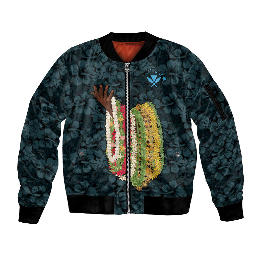 Hawaii Lei Kamehameha Sleeve Zip Bomber Jacket Uliuli Seamless Pattern Hibiscus Flower LT9 Unisex Blue - Polynesian Pride