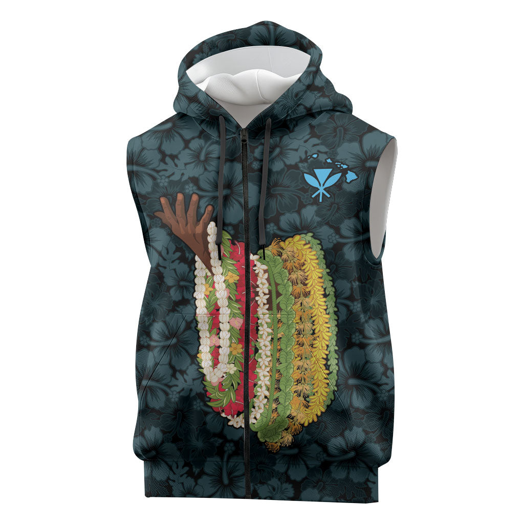 Hawaii Lei Kamehameha Sleeveless Zip Hoodie Uliuli Seamless Pattern Hibiscus Flower LT9 Blue - Polynesian Pride
