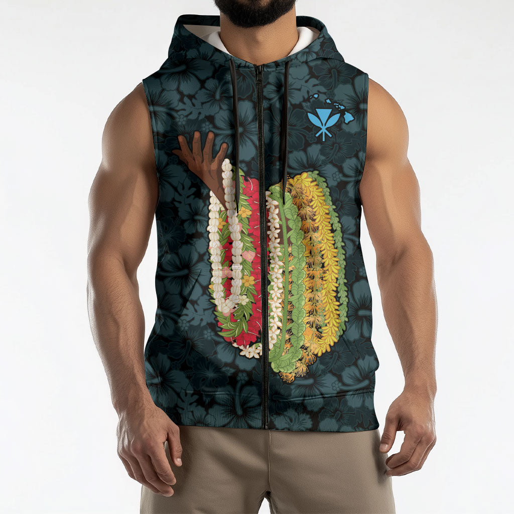 Hawaii Lei Kamehameha Sleeveless Zip Hoodie Uliuli Seamless Pattern Hibiscus Flower LT9 - Polynesian Pride