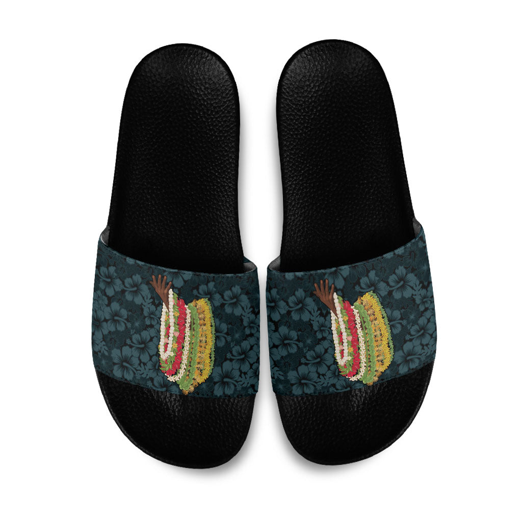 Hawaii Lei Kamehameha Slide Sandals Uliuli Seamless Pattern Hibiscus Flower LT9 Blue - Polynesian Pride