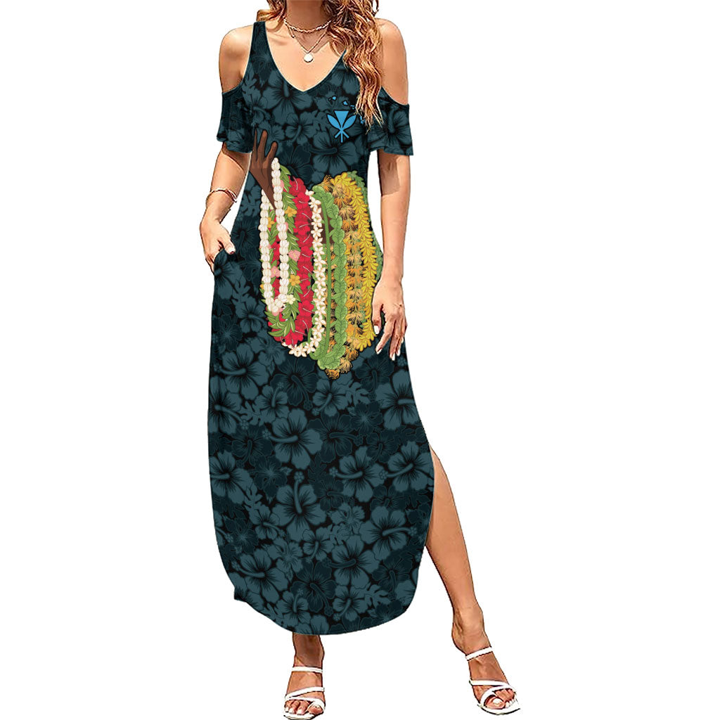 Hawaii Lei Kamehameha Summer Maxi Dress Uliuli Seamless Pattern Hibiscus Flower LT9 Women Blue - Polynesian Pride