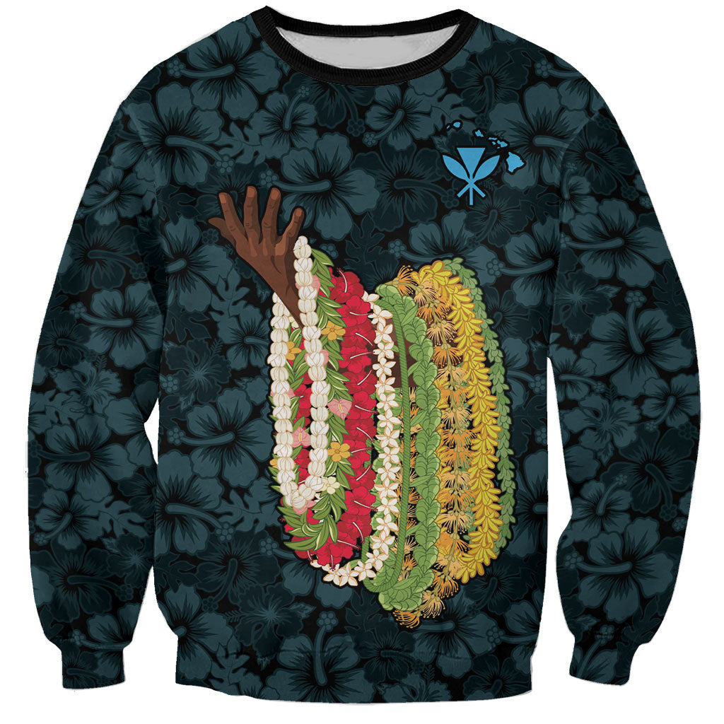 Hawaii Lei Kamehameha Sweatshirt Uliuli Seamless Pattern Hibiscus Flower LT9 Unisex Blue - Polynesian Pride