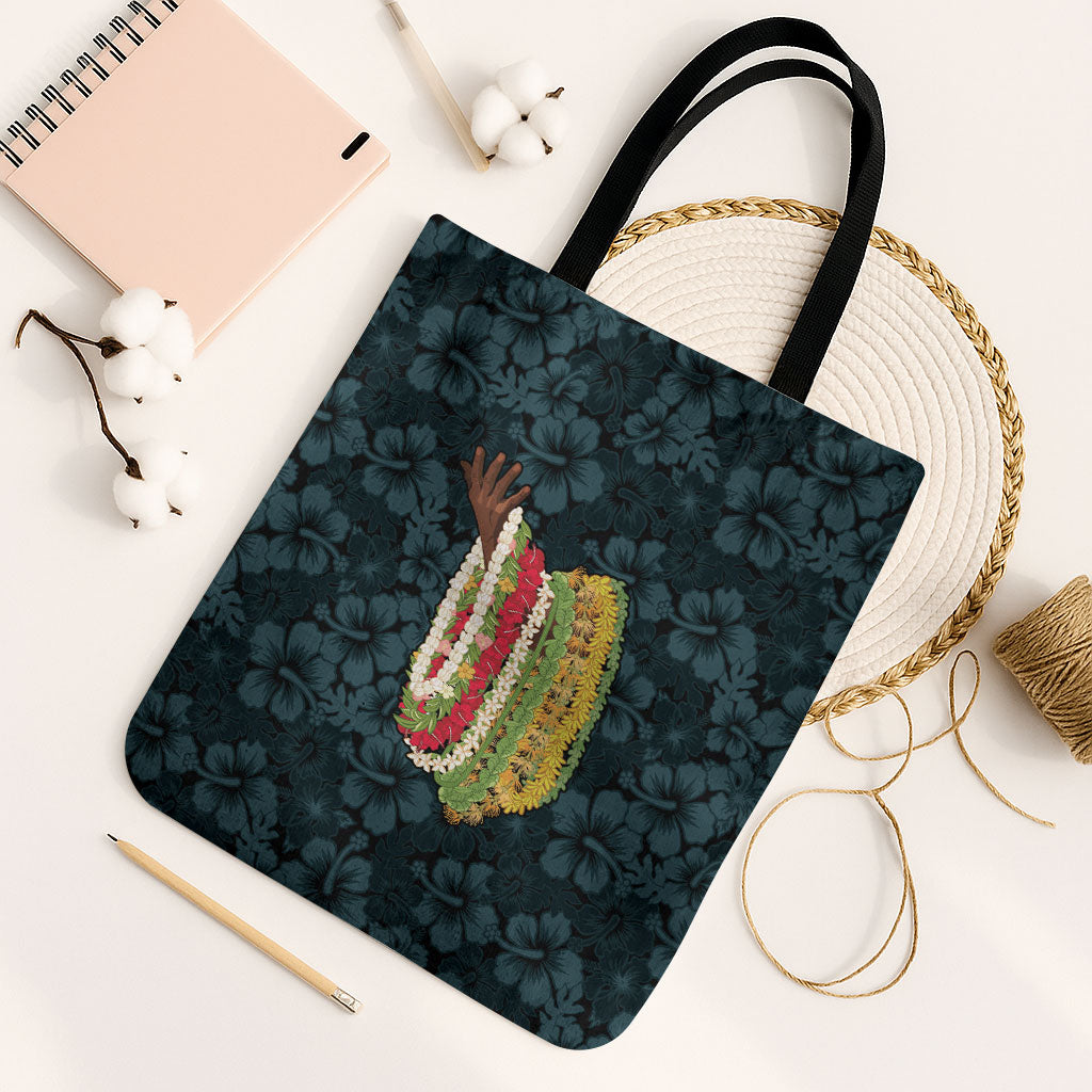 Hawaii Lei Kamehameha Tote Bag Uliuli Seamless Pattern Hibiscus Flower LT9 Black Strap One Size Blue - Polynesian Pride