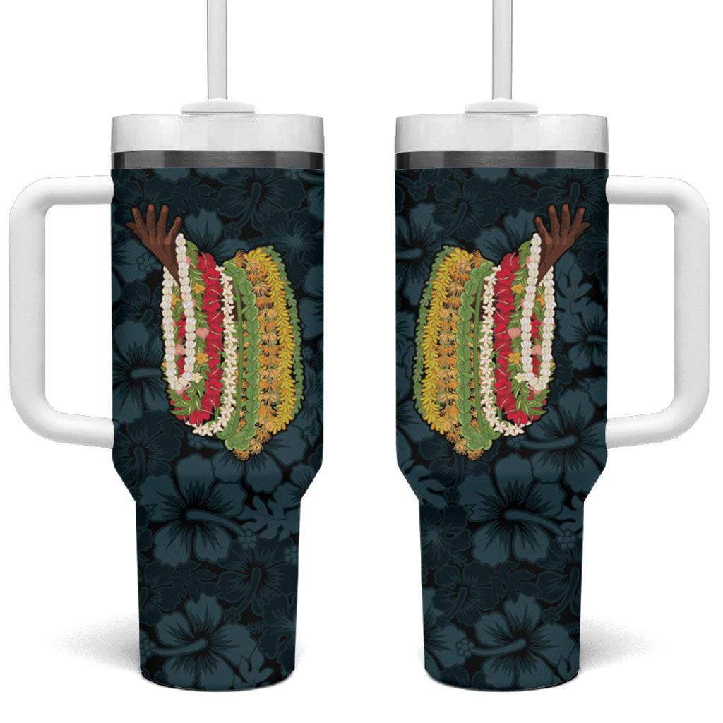 Hawaii Lei Kamehameha Tumbler With Handle Uliuli Seamless Pattern Hibiscus Flower LT9 One Size: 40 oz Blue - Polynesian Pride
