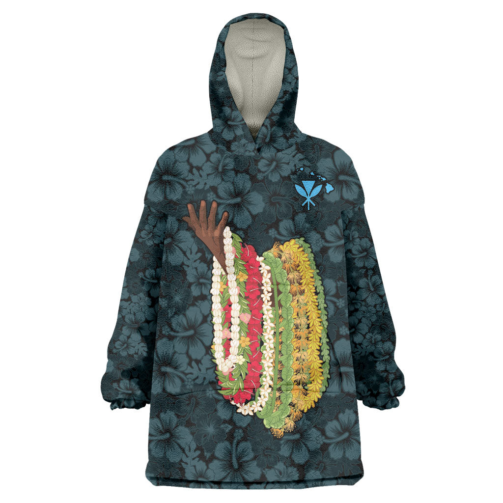 Hawaii Lei Kamehameha Wearable Blanket Hoodie Uliuli Seamless Pattern Hibiscus Flower LT9 One Size Blue - Polynesian Pride