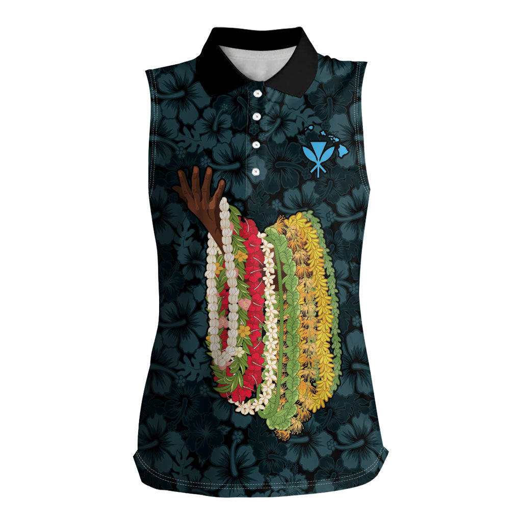 Hawaii Lei Kamehameha Women Sleeveless Polo Shirt Uliuli Seamless Pattern Hibiscus Flower LT9 Female Blue - Polynesian Pride