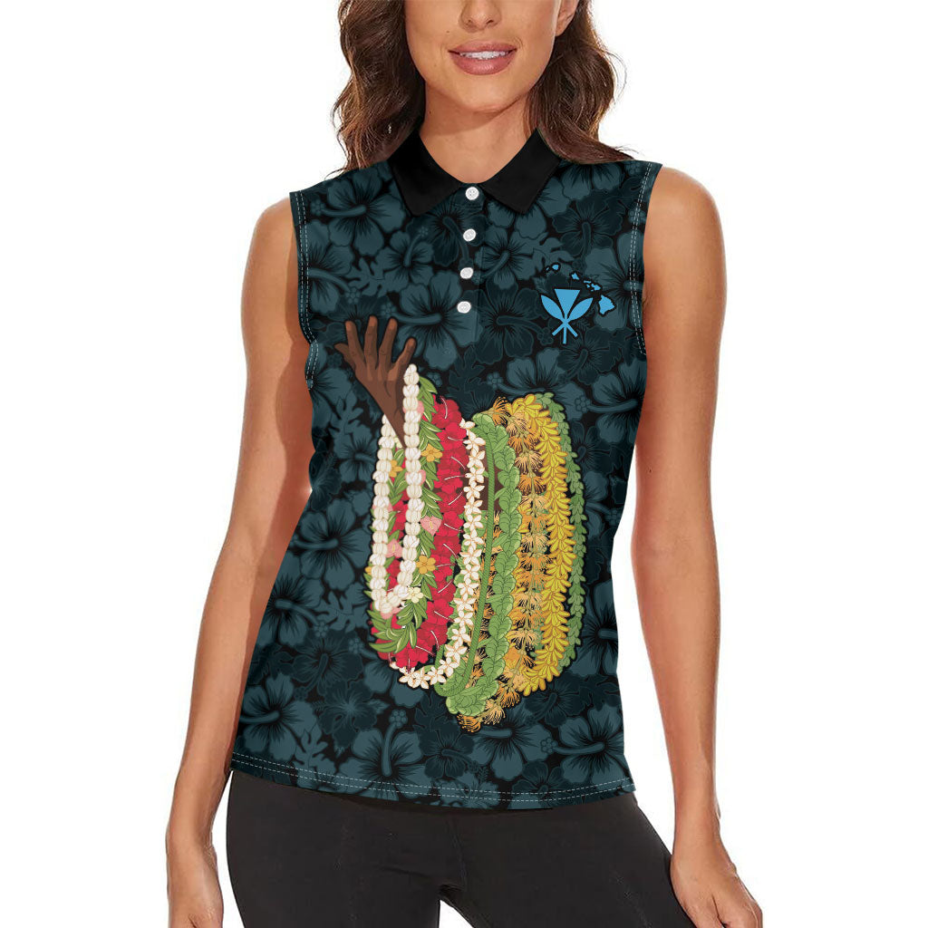 Hawaii Lei Kamehameha Women Sleeveless Polo Shirt Uliuli Seamless Pattern Hibiscus Flower LT9 - Polynesian Pride