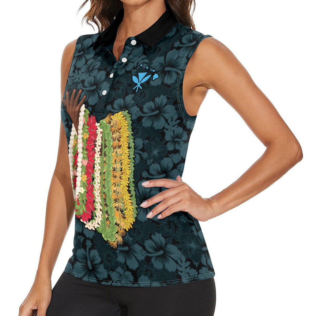Hawaii Lei Kamehameha Women Sleeveless Polo Shirt Uliuli Seamless Pattern Hibiscus Flower LT9 - Polynesian Pride