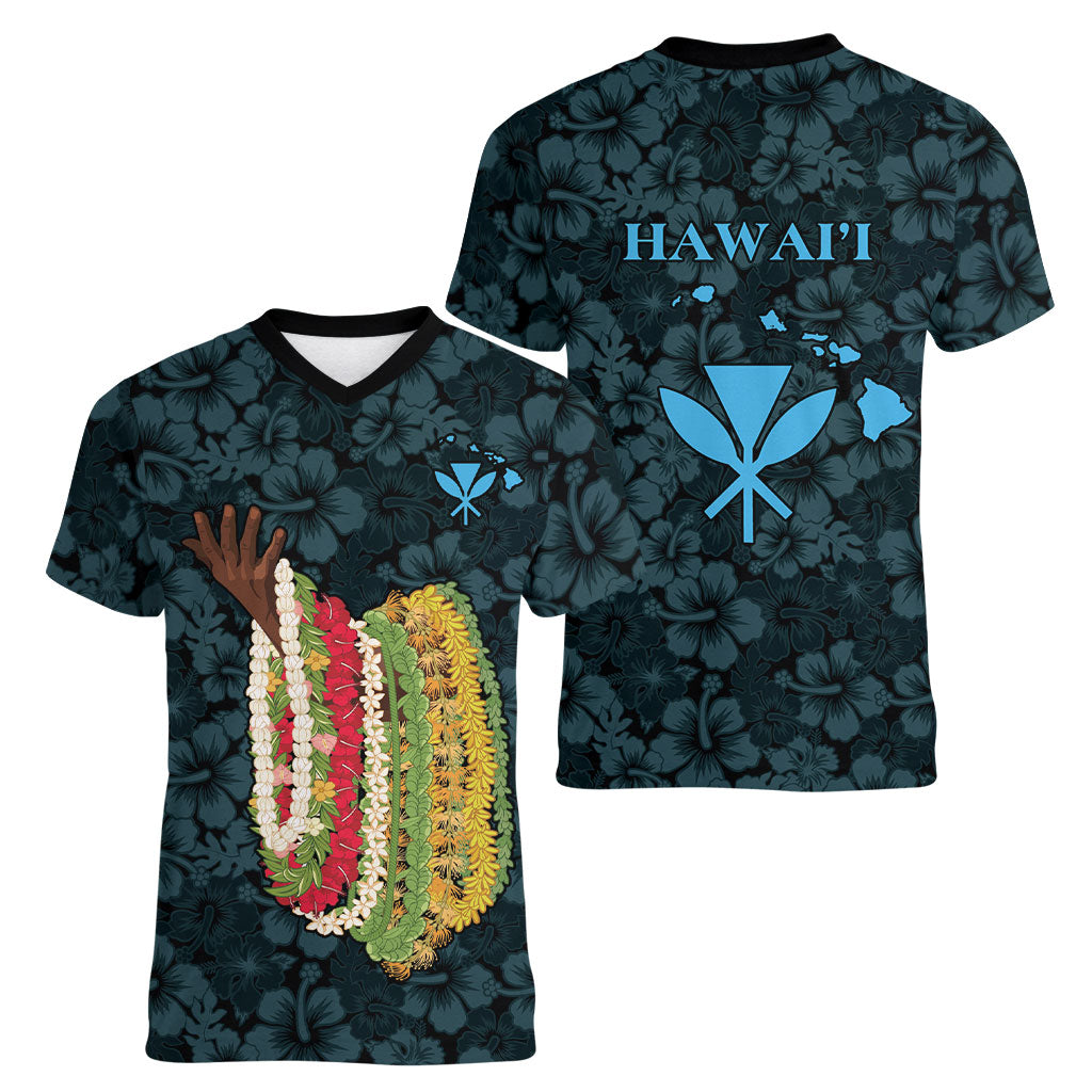 Hawaii Lei Kamehameha Women V-Neck T-Shirt Uliuli Seamless Pattern Hibiscus Flower LT9 - Polynesian Pride