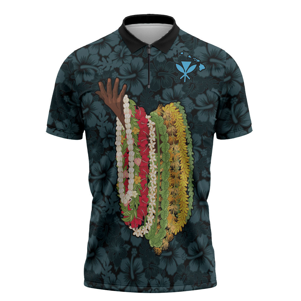 Hawaii Lei Kamehameha Zipper Polo Shirt Uliuli Seamless Pattern Hibiscus Flower LT9 Blue - Polynesian Pride