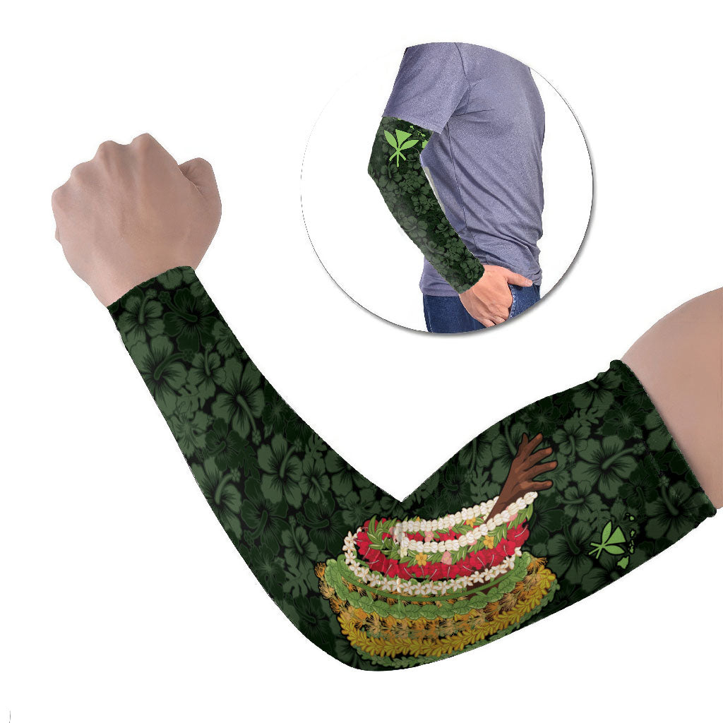 Hawaii Lei Kamehameha Arm Sleeves Oma'oma'o Seamless Pattern Hibiscus Flower LT9 Set of 2 Green - Polynesian Pride