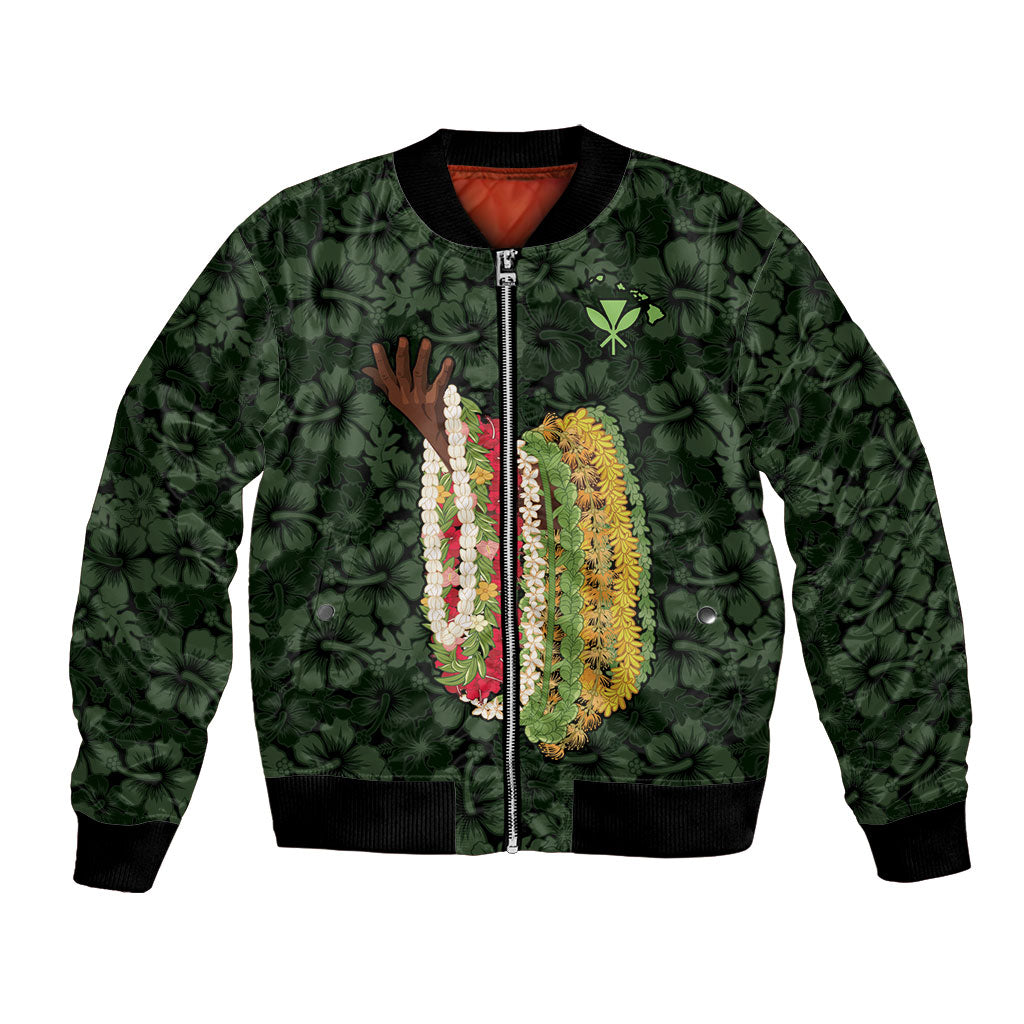 Hawaii Lei Kamehameha Bomber Jacket Oma'oma'o Seamless Pattern Hibiscus Flower LT9 Unisex Green - Polynesian Pride