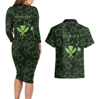Hawaii Lei Kamehameha Couples Matching Long Sleeve Bodycon Dress and Hawaiian Shirt Oma'oma'o Seamless Pattern Hibiscus Flower