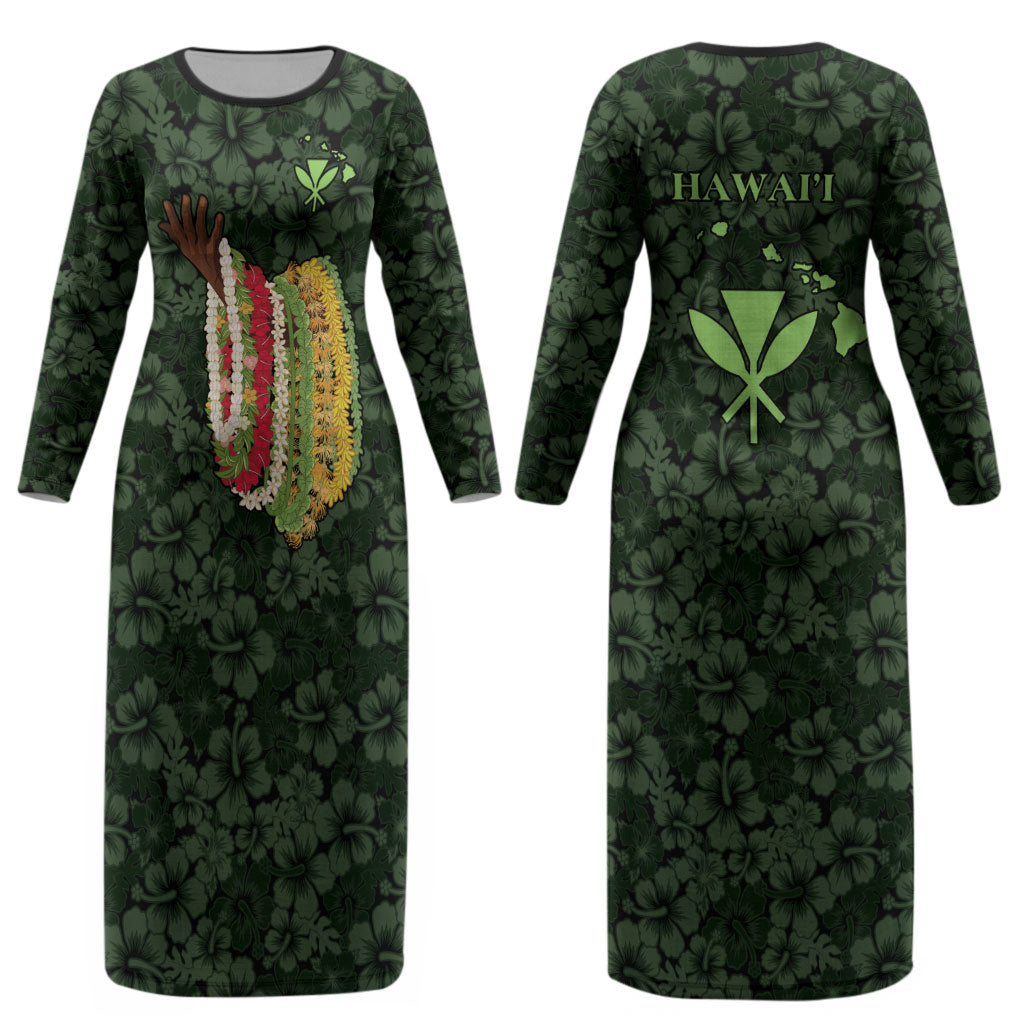 Hawaii Lei Kamehameha Couples Matching Long Sleeve Bodycon Dress and Long Sleeve Button Shirt Oma'oma'o Seamless Pattern Hibiscus Flower LT9