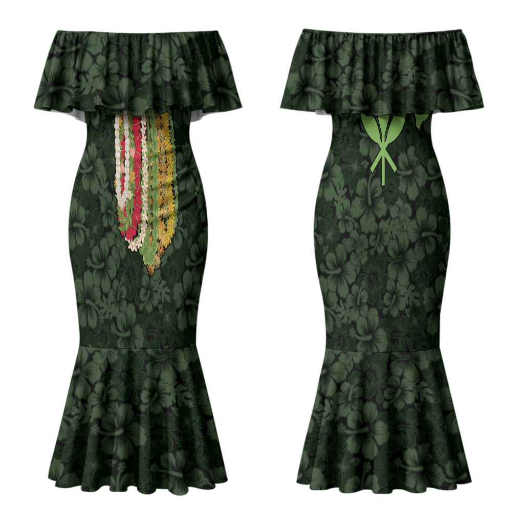 Hawaii Lei Kamehameha Couples Matching Mermaid Dress and Long Sleeve Button Shirt Oma'oma'o Seamless Pattern Hibiscus Flower LT9