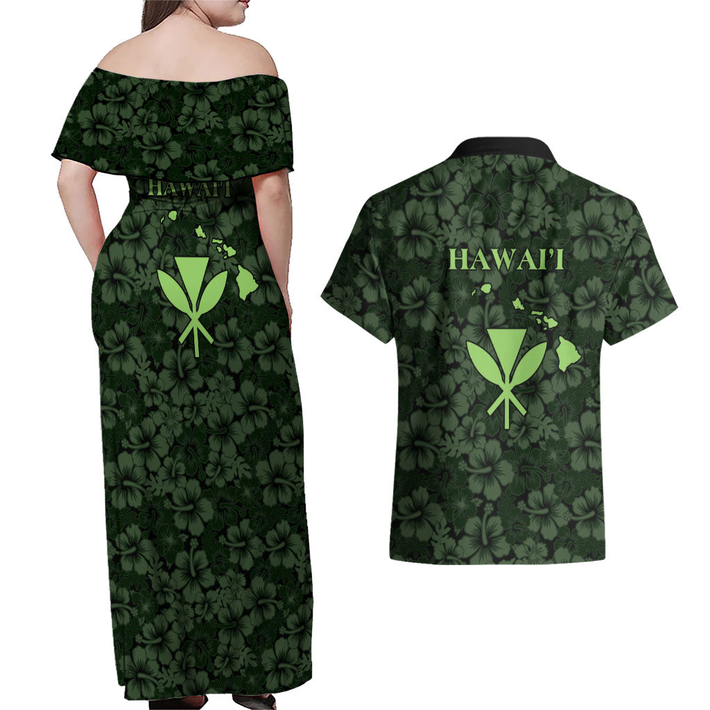 Hawaii Lei Kamehameha Couples Matching Off Shoulder Maxi Dress and Hawaiian Shirt Oma'oma'o Seamless Pattern Hibiscus Flower