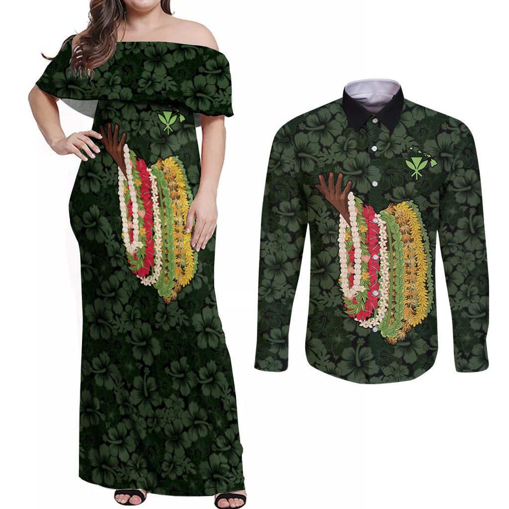 Hawaii Lei Kamehameha Couples Matching Off Shoulder Maxi Dress and Long Sleeve Button Shirt Oma'oma'o Seamless Pattern Hibiscus Flower