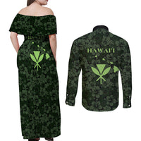 Hawaii Lei Kamehameha Couples Matching Off Shoulder Maxi Dress and Long Sleeve Button Shirt Oma'oma'o Seamless Pattern Hibiscus Flower