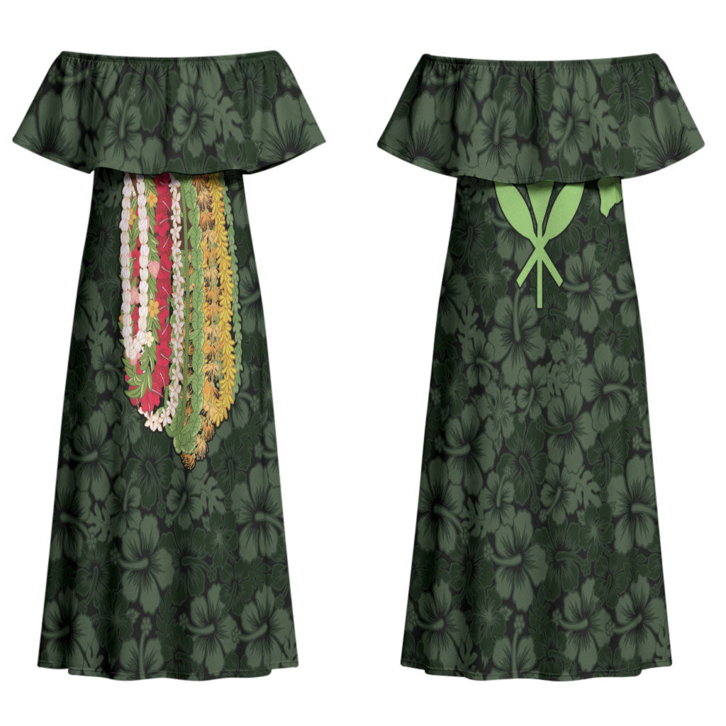 Hawaii Lei Kamehameha Couples Matching Off Shoulder Maxi Dress and Long Sleeve Button Shirt Oma'oma'o Seamless Pattern Hibiscus Flower LT9