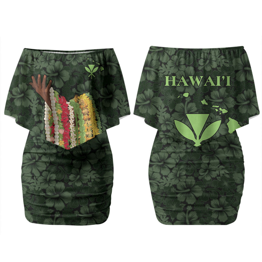 Hawaii Lei Kamehameha Couples Matching Off Shoulder Short Dress and Long Sleeve Button Shirt Oma'oma'o Seamless Pattern Hibiscus Flower LT9