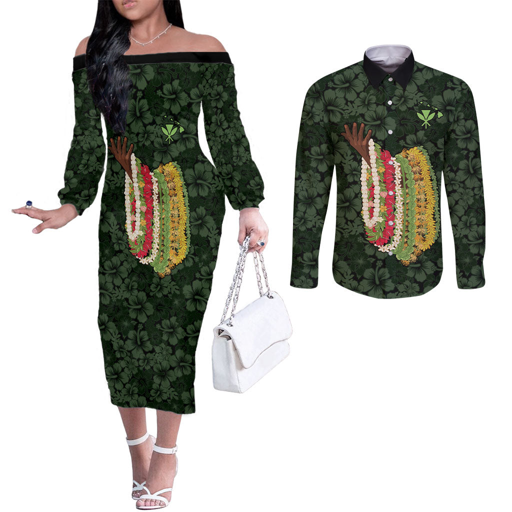 Hawaii Lei Kamehameha Couples Matching Off The Shoulder Long Sleeve Dress and Long Sleeve Button Shirt Oma'oma'o Seamless Pattern Hibiscus Flower