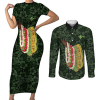 Hawaii Lei Kamehameha Couples Matching Short Sleeve Bodycon Dress and Long Sleeve Button Shirt Oma'oma'o Seamless Pattern Hibiscus Flower