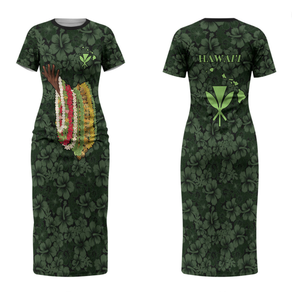 Hawaii Lei Kamehameha Couples Matching Short Sleeve Bodycon Dress and Long Sleeve Button Shirt Oma'oma'o Seamless Pattern Hibiscus Flower LT9
