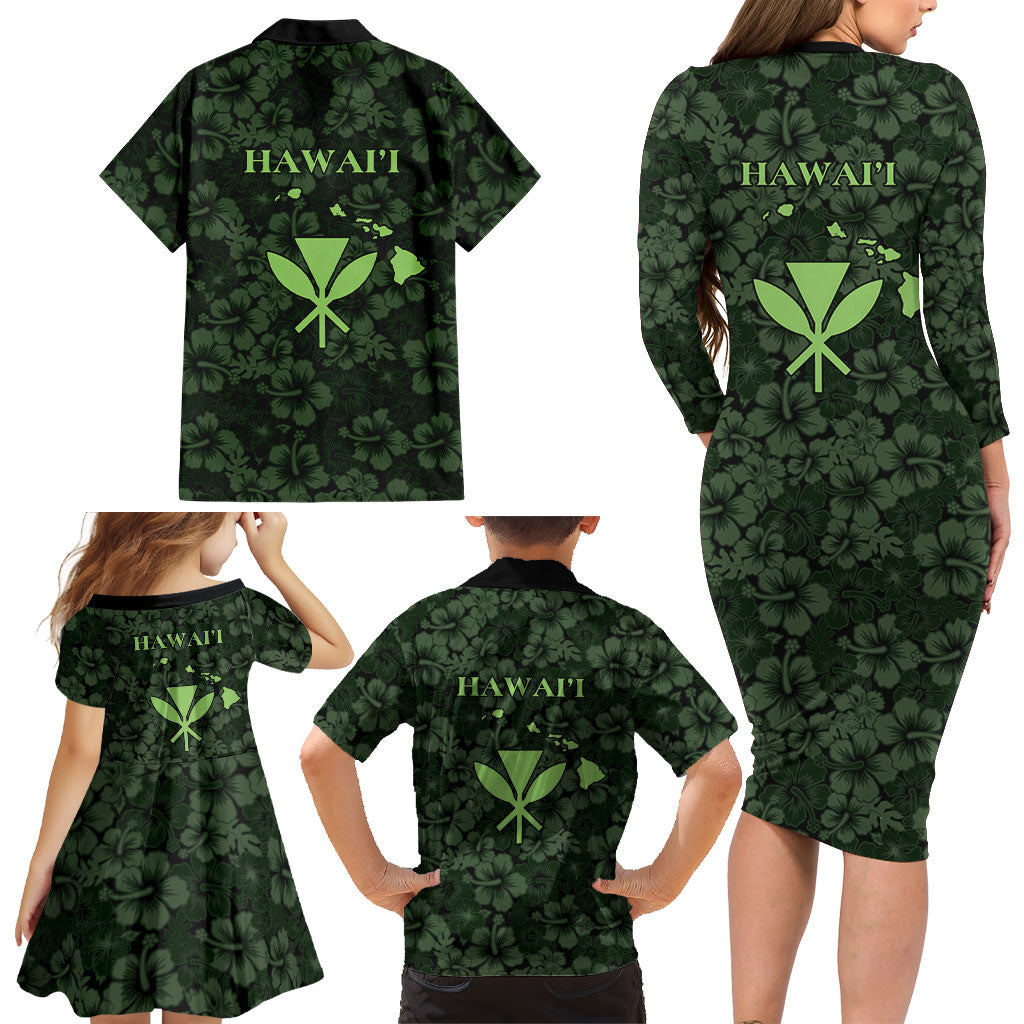 Hawaii Lei Kamehameha Family Matching Long Sleeve Bodycon Dress and Hawaiian Shirt Oma'oma'o Seamless Pattern Hibiscus Flower