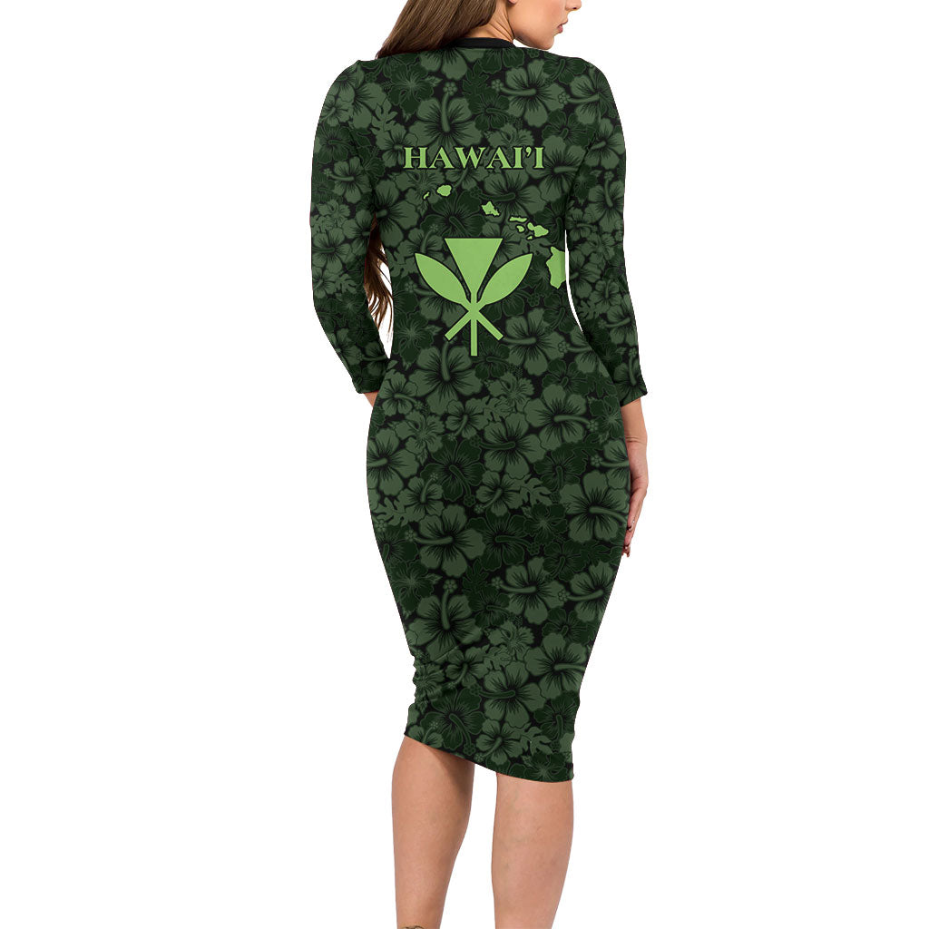 Hawaii Lei Kamehameha Family Matching Long Sleeve Bodycon Dress and Hawaiian Shirt Oma'oma'o Seamless Pattern Hibiscus Flower