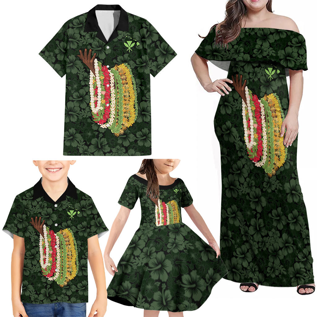 Hawaii Lei Kamehameha Family Matching Off Shoulder Maxi Dress and Hawaiian Shirt Oma'oma'o Seamless Pattern Hibiscus Flower