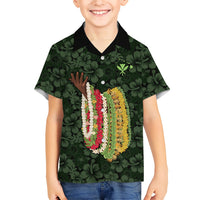 Hawaii Lei Kamehameha Family Matching Off Shoulder Short Dress and Hawaiian Shirt Oma'oma'o Seamless Pattern Hibiscus Flower