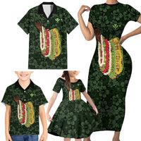 Hawaii Lei Kamehameha Family Matching Short Sleeve Bodycon Dress and Hawaiian Shirt Oma'oma'o Seamless Pattern Hibiscus Flower